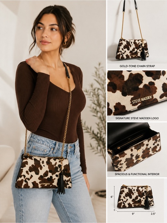 Steve Madden Handbags - Steve Madden Brown and White Cow Print Crossbody with Gold Chain